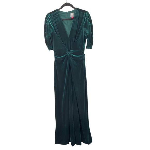 Vince Camuto Green Velvet V-Neck Wide Leg Jumpsuit Twist Front Size 12 - Picture 7 of 16